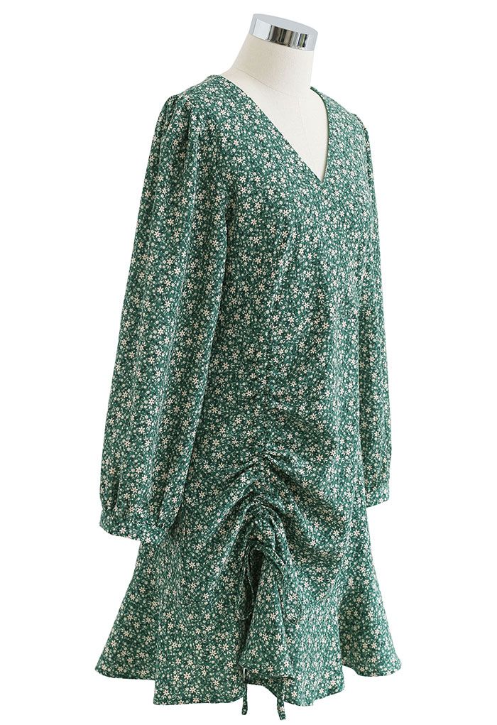 Drawstring Front Daisy Print Flare Dress in Green
