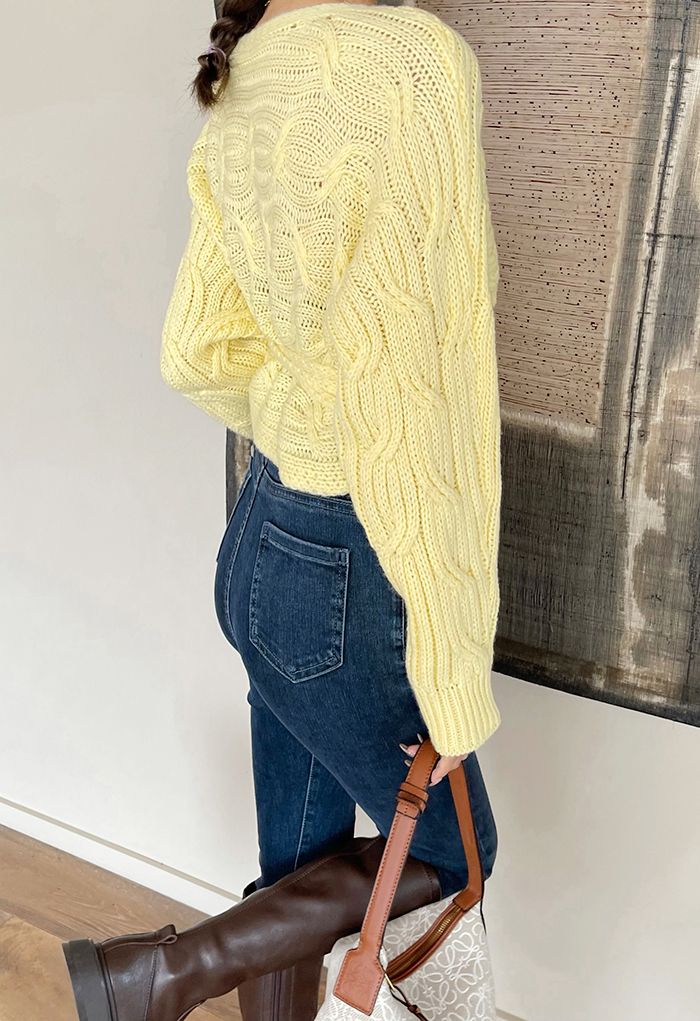 Wrap Front Braid Knit Crop Sweater in Yellow