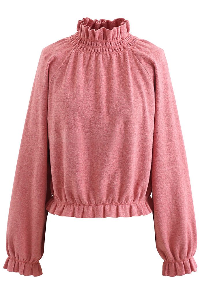 High Neck Ruffle Crop Knit Sweater in Coral