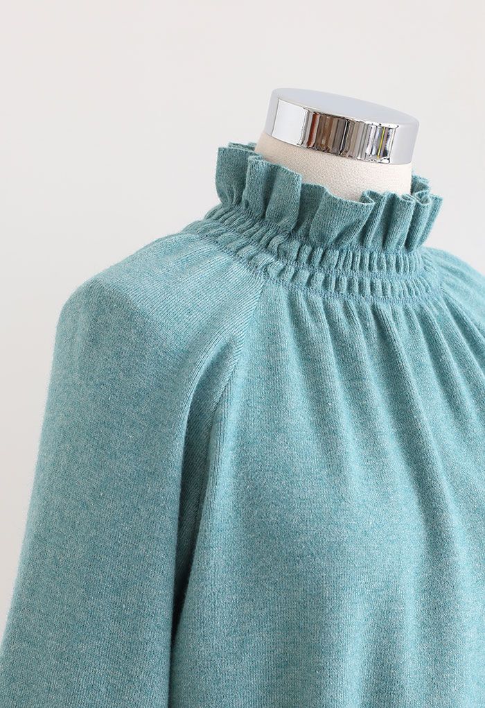 High Neck Ruffle Crop Knit Sweater in Teal