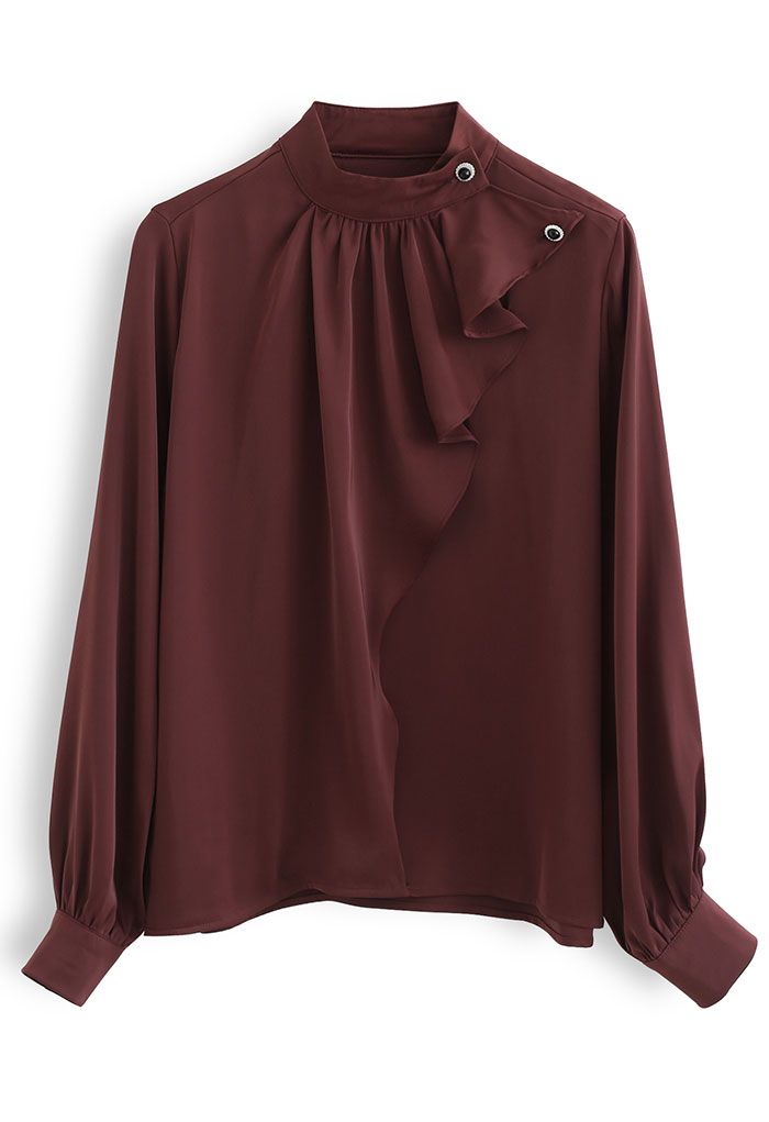 Buttoned Ruffle High Neck Satin Top in Burgundy