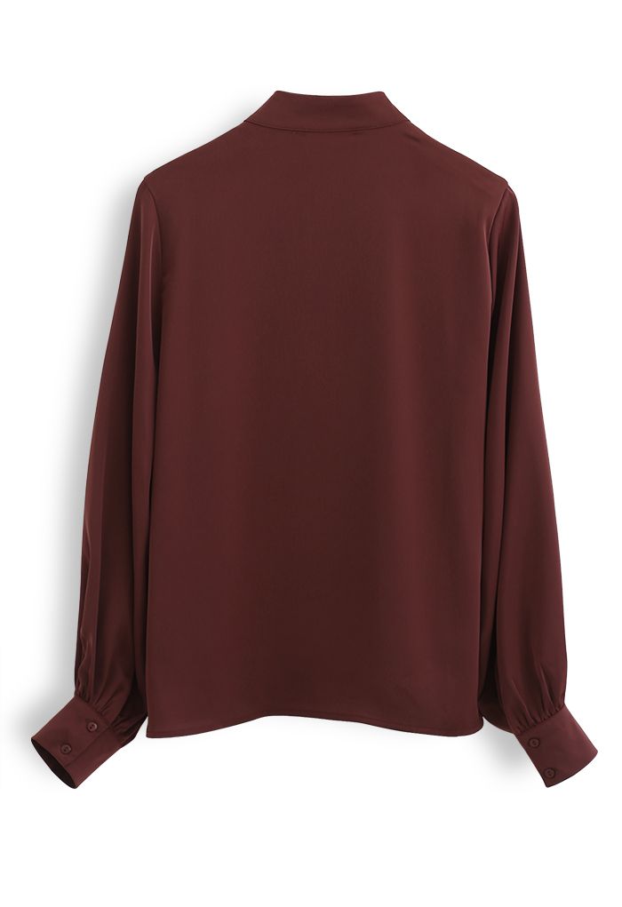 Buttoned Ruffle High Neck Satin Top in Burgundy