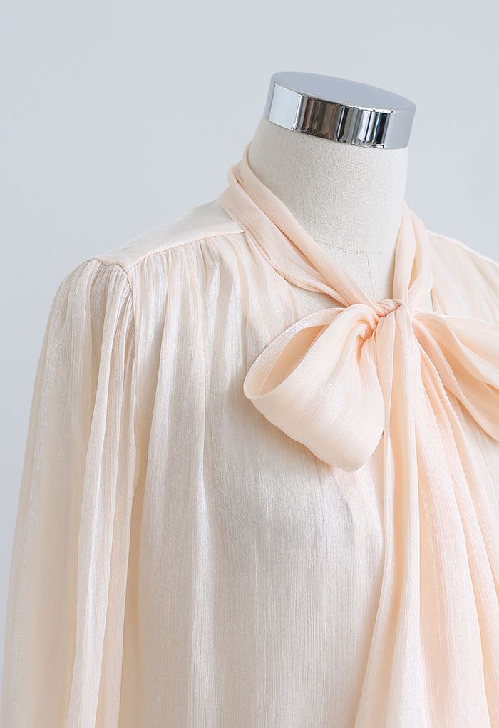 Glossy Tie Neck Button Down Shirt in Nude Pink