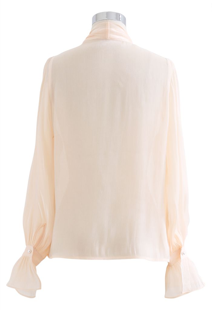 Glossy Tie Neck Button Down Shirt in Nude Pink