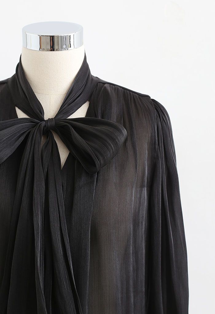 Glossy Tie Neck Button Down Shirt in Black