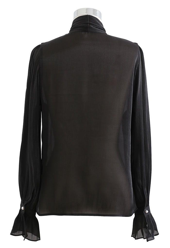 Glossy Tie Neck Button Down Shirt in Black