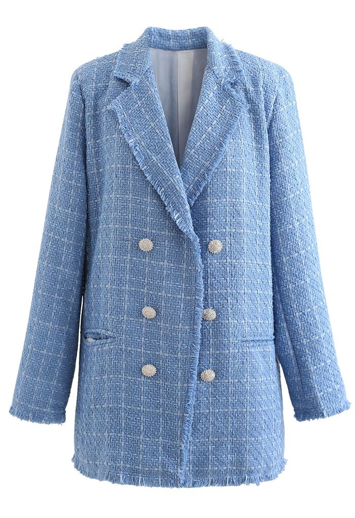 Crystal Button Decorated Frayed Tweed Coat
