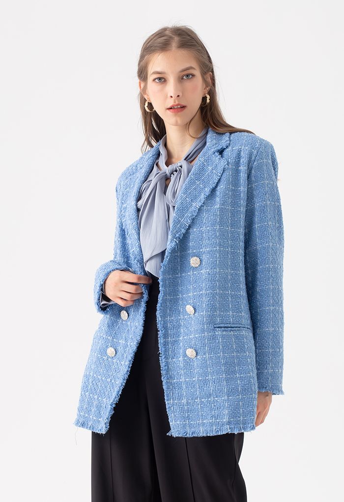 Crystal Button Decorated Frayed Tweed Coat