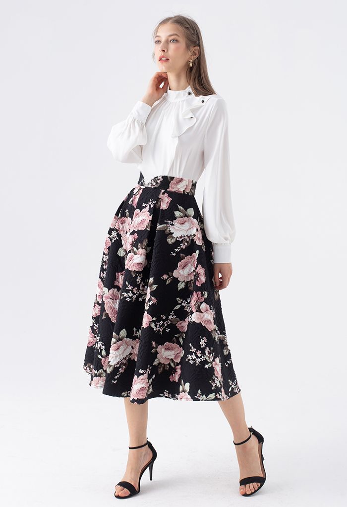 Embossed Floral Pleated Midi Skirt in Black