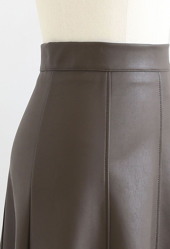 Soft Faux Leather Seamed A-Line Skirt in Taupe