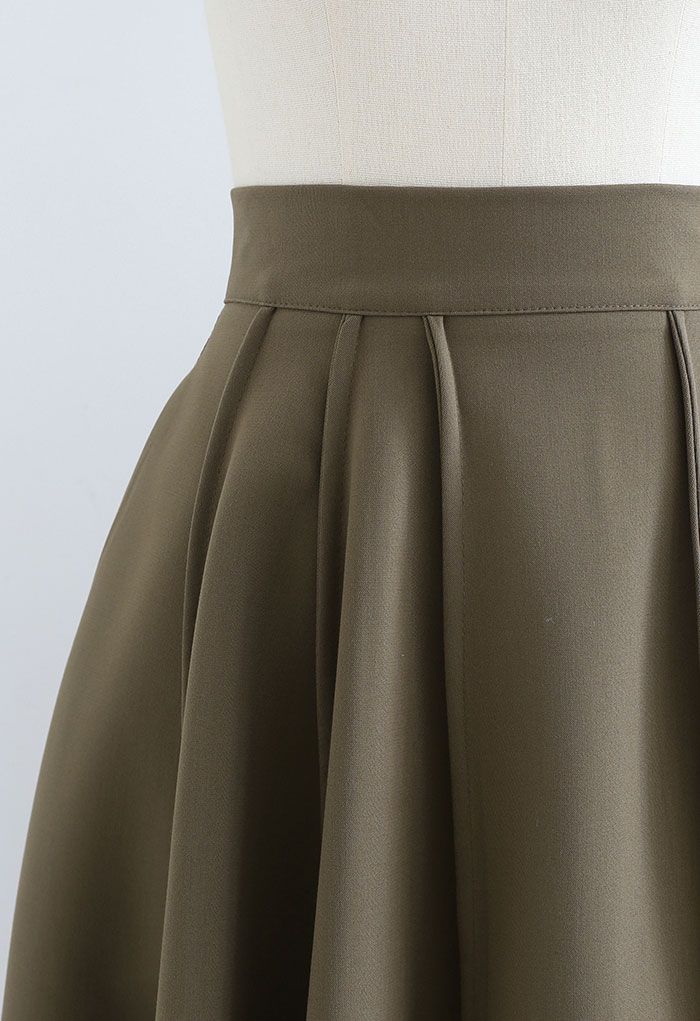 High Waist Seam Detailing A-Line Midi Skirt in Khaki - Retro, Indie and Unique  Fashion
