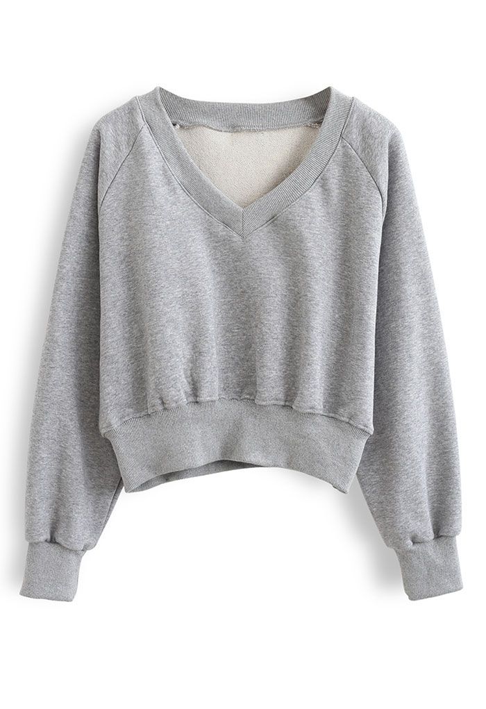 Cotton V-Neck Oversized Crop Sweatshirt in Grey