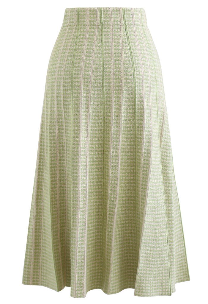 Dotted Pleated A-Line Midi Knit Skirt in Green
