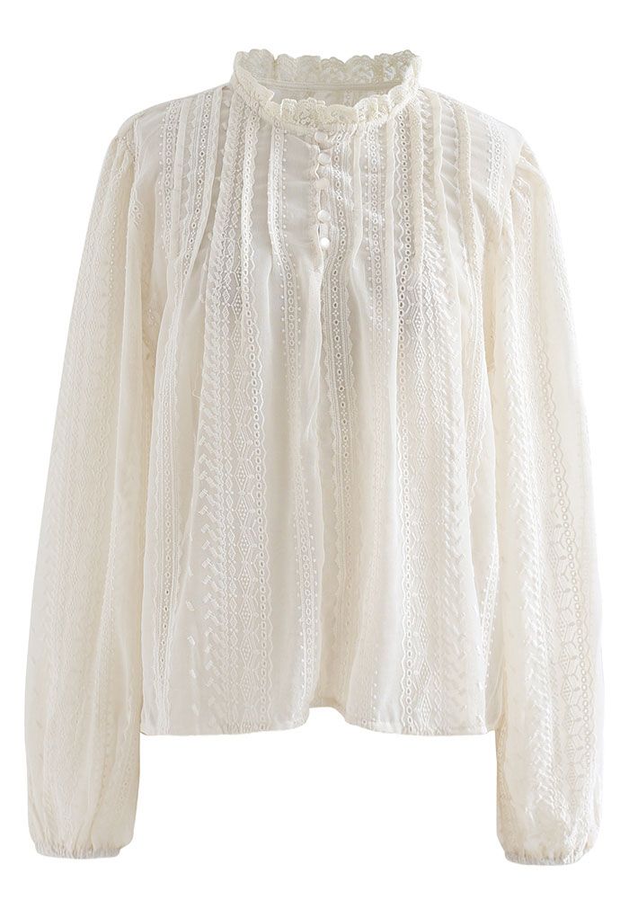 Lacy Neck Embroidered Sheer Smock Top