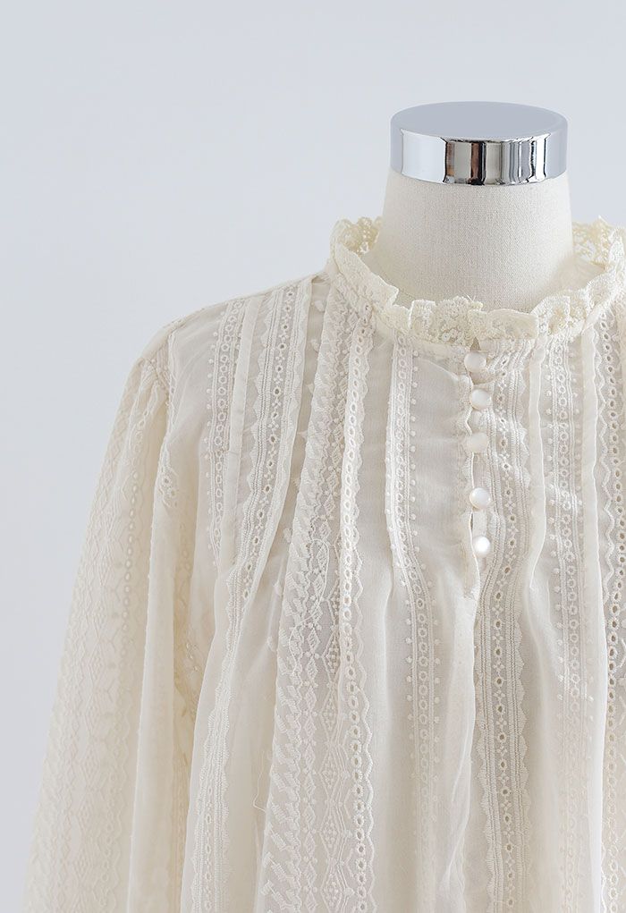 Lacy Neck Embroidered Sheer Smock Top