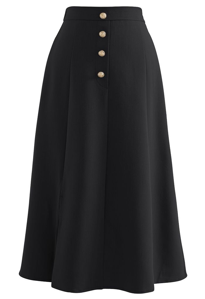 Golden Button Trim Front Slit Midi Skirt in Black