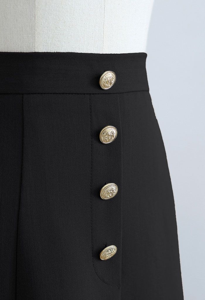 Golden Button Trim Front Slit Midi Skirt in Black