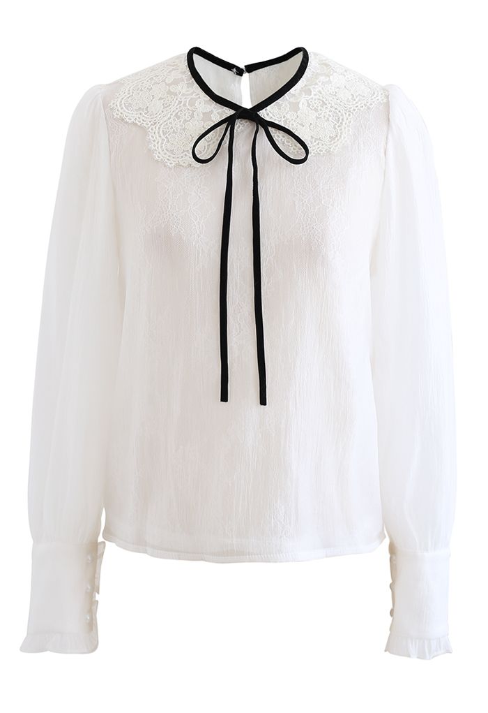Peter-Pan Collar Tie Bow Lace Organza Top in White
