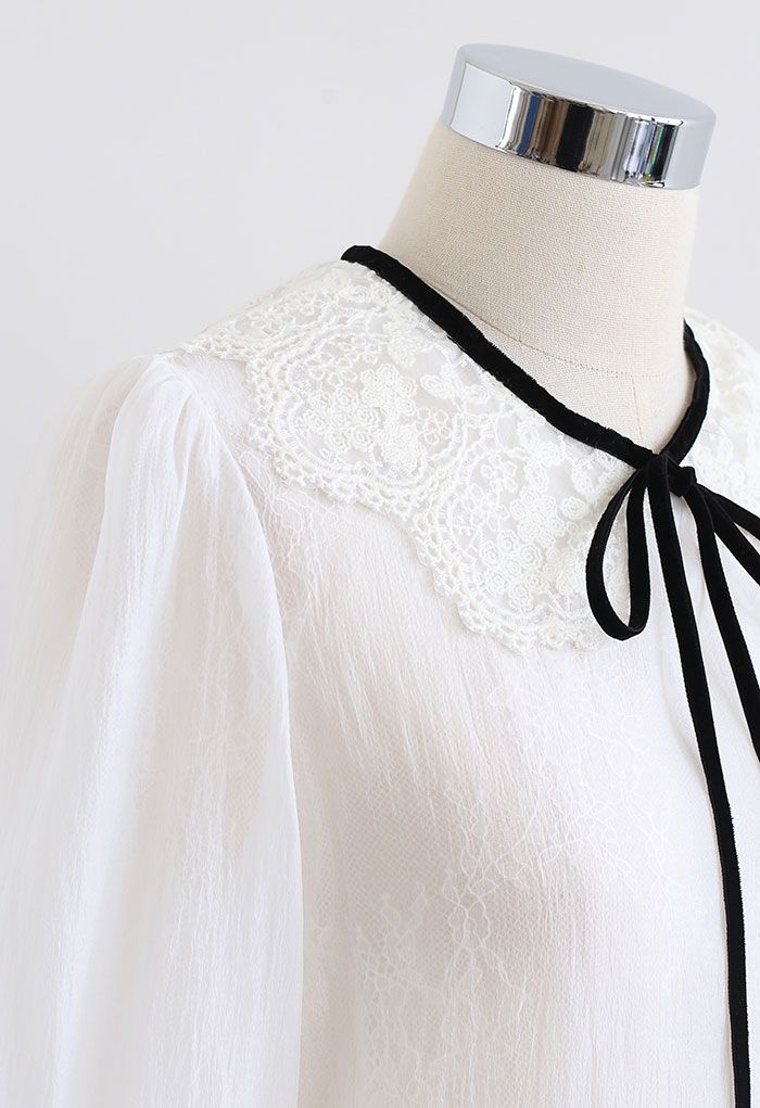 Peter-Pan Collar Tie Bow Lace Organza Top in White