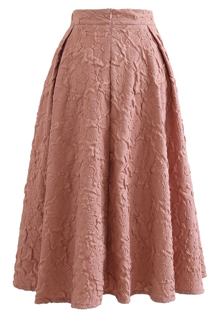 Sunflower Embossed Pleated Midi Skirt in Coral