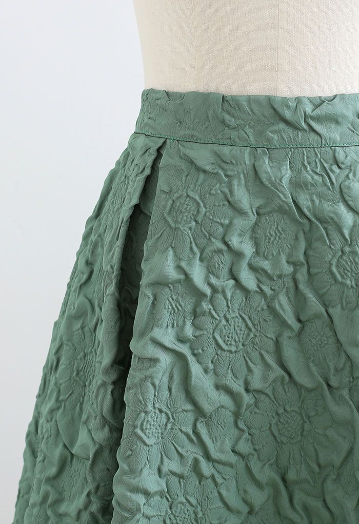 Sunflower Embossed Pleated Midi Skirt in Green