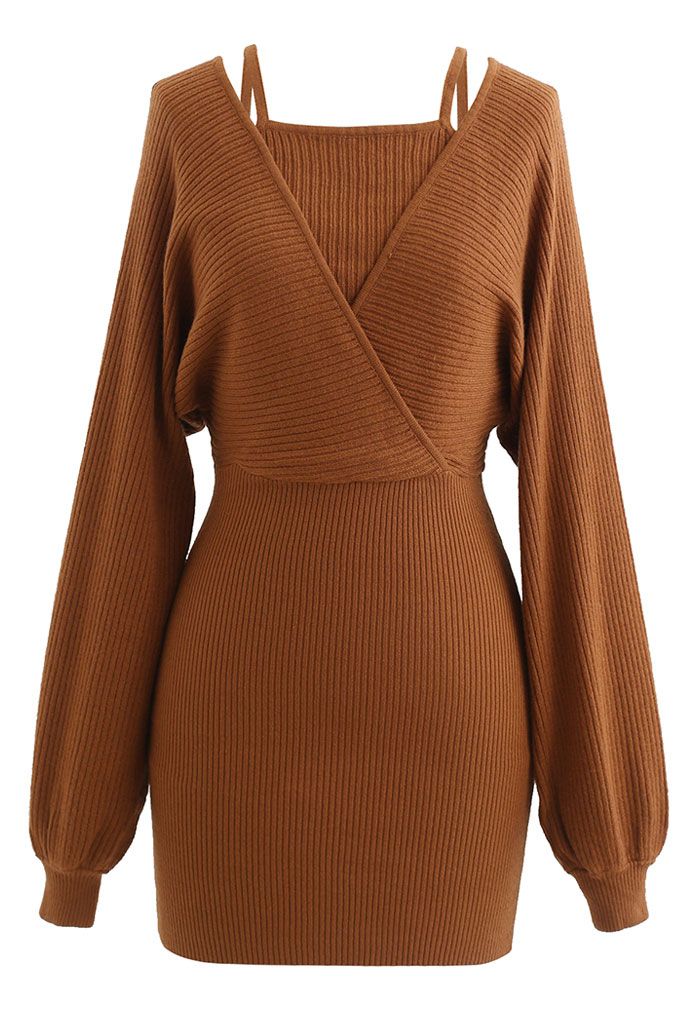 Fake Two-Piece Cold-Shoulder Wrap Knit Dress in Caramel