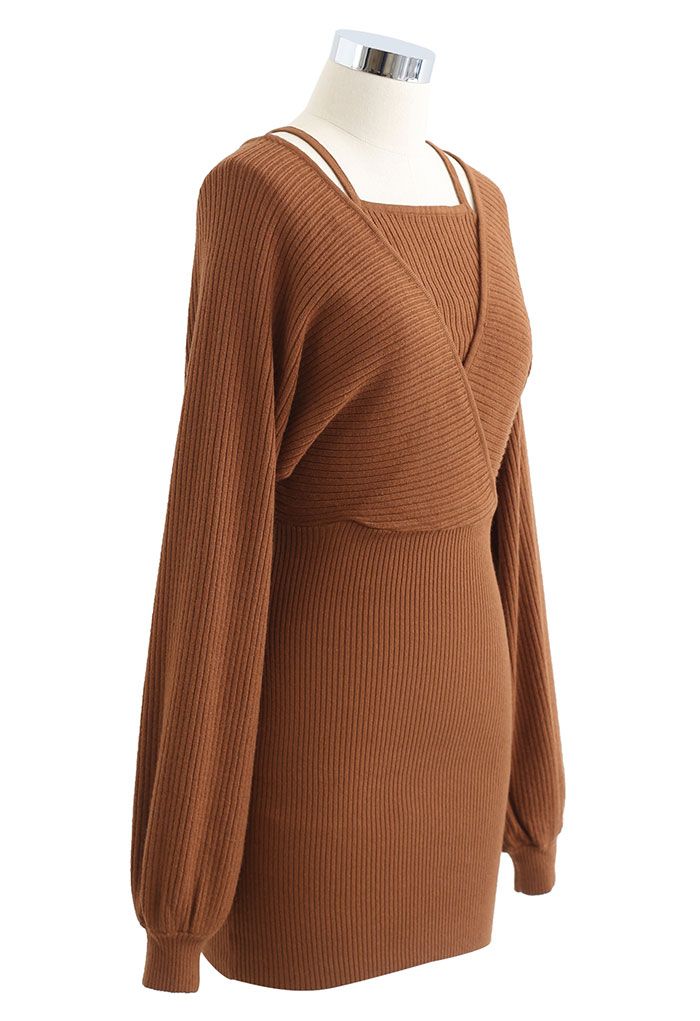 Fake Two-Piece Cold-Shoulder Wrap Knit Dress in Caramel