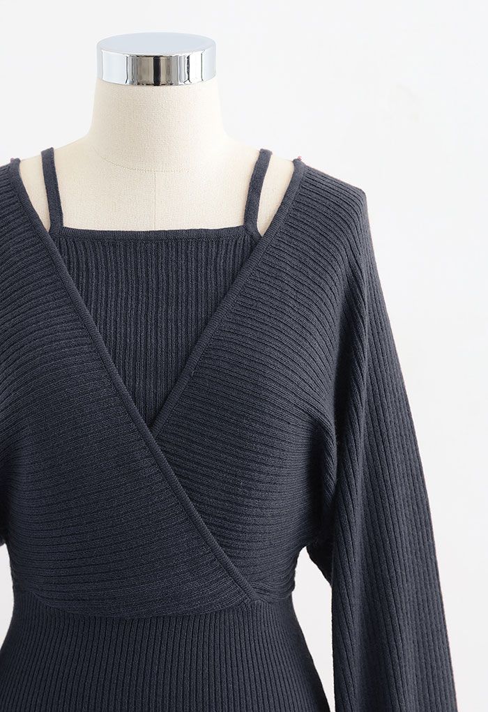 Fake Two-Piece Cold-Shoulder Wrap Knit Dress in Smoke