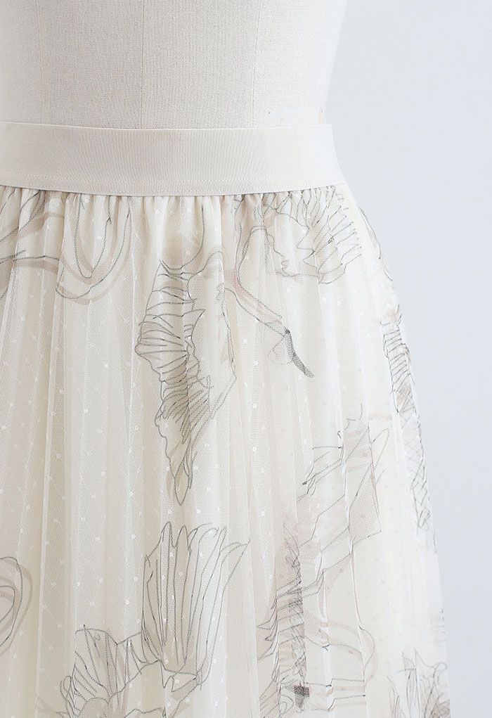 Swan Dotted Mesh Pleated Skirt in Cream