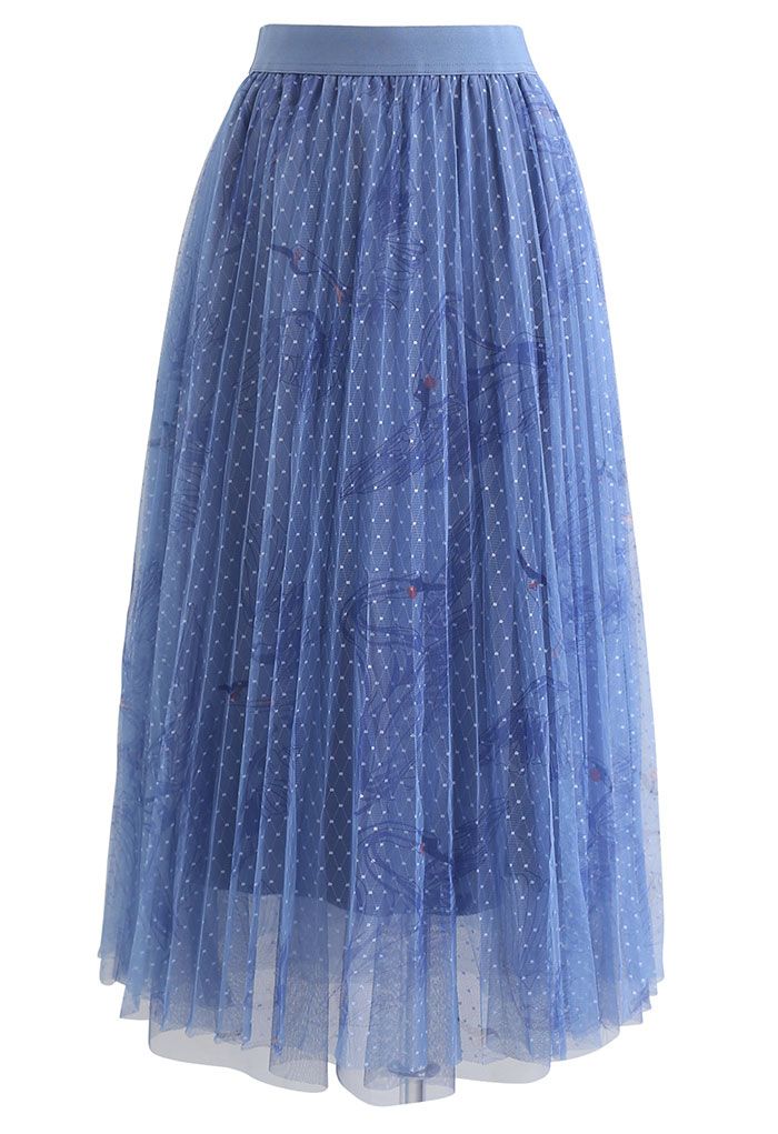 Swan Dotted Mesh Pleated Skirt in Blue