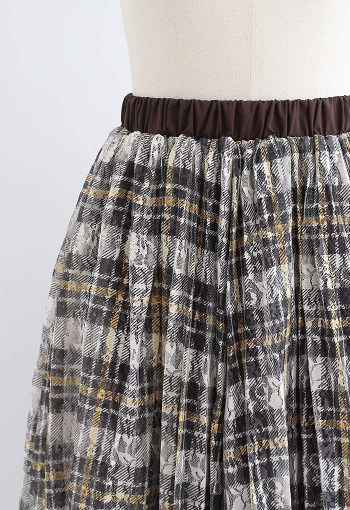 Plaid Print Lacy Pleated Skirt in Yellow