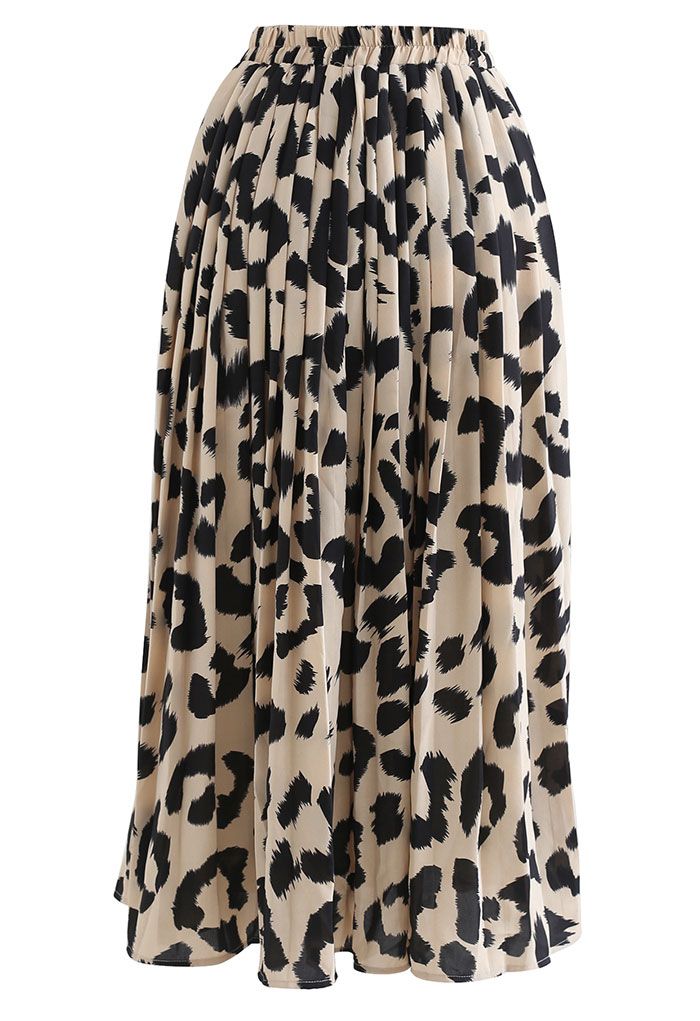 Leopard Print Chiffon Pleated Midi Skirt in Light Tan