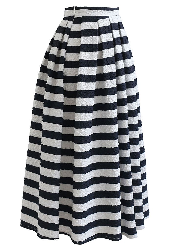 Allover Stripe Print Embossed Pleated Midi Skirt