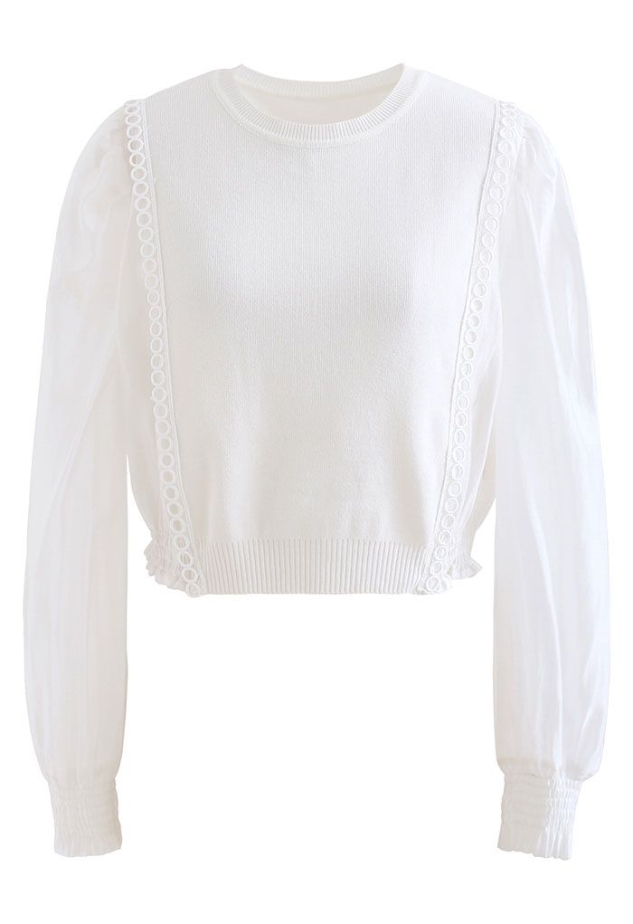 Spliced Sheer-Sleeve Crop Knit Top in White