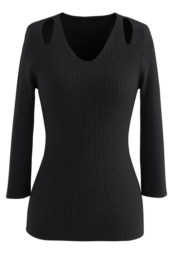 Cut Out Shoulder Fitted Knit Top in Black