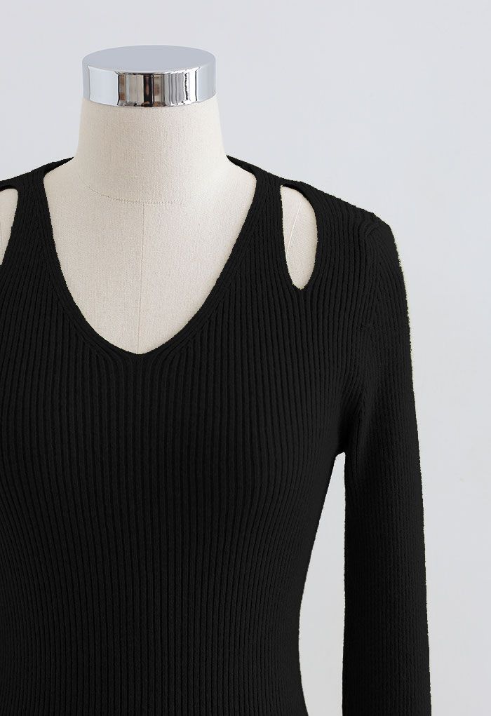 Cut Out Shoulder Fitted Knit Top in Black