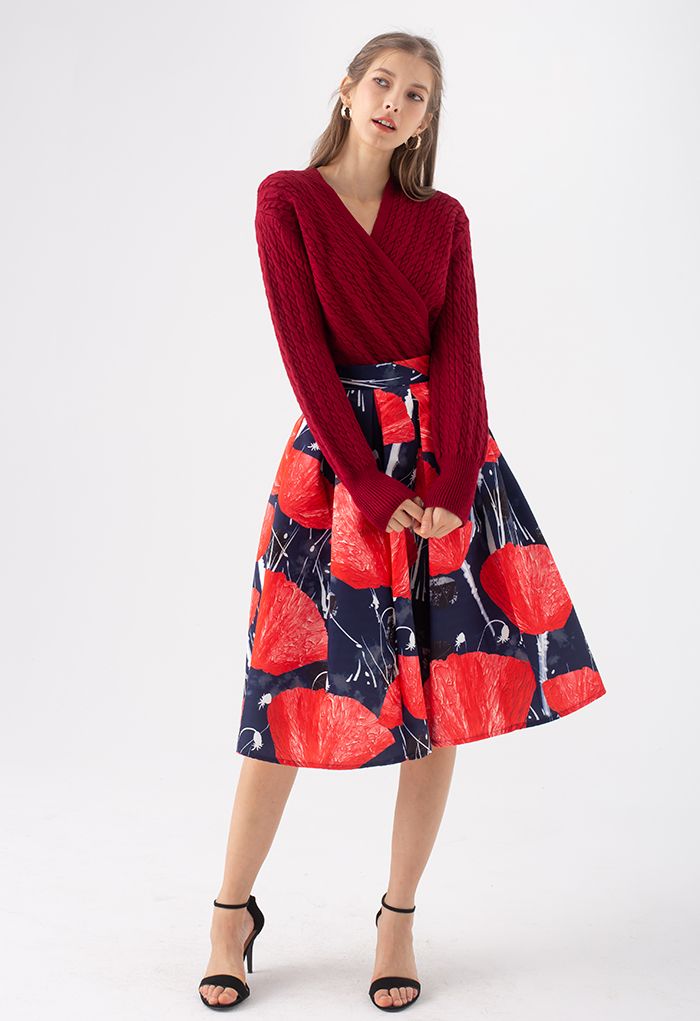 Red Blossom Print Pleated Flared Skirt