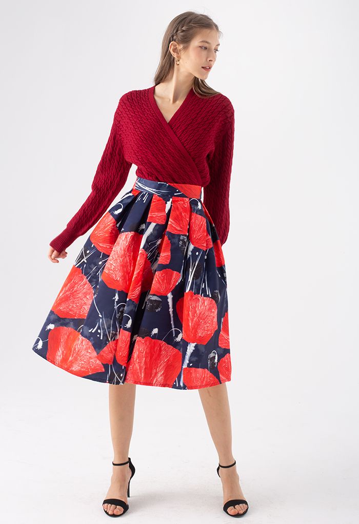 Red Blossom Print Pleated Flared Skirt