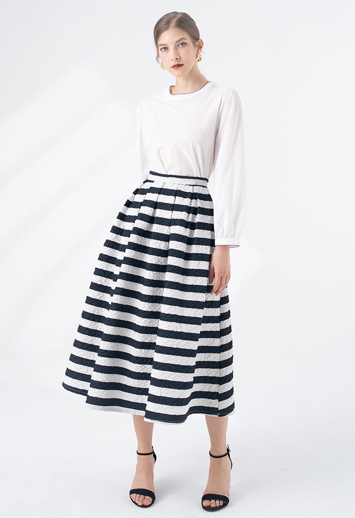 Allover Stripe Print Embossed Pleated Midi Skirt
