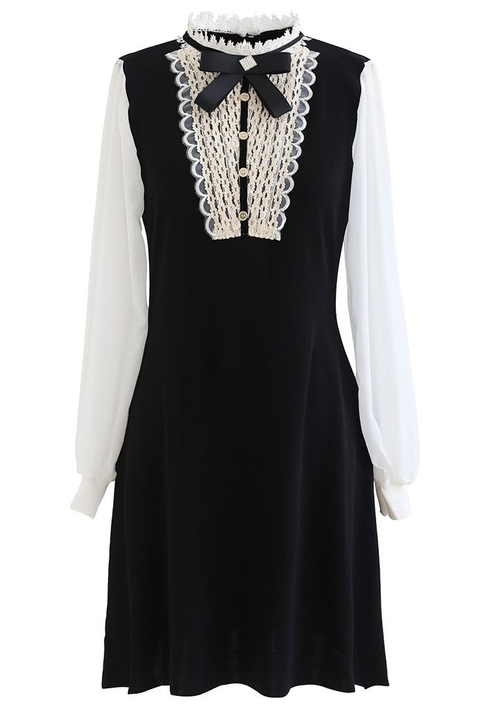 Brooch Lace Panelled Sheer-Sleeve Knit Dress