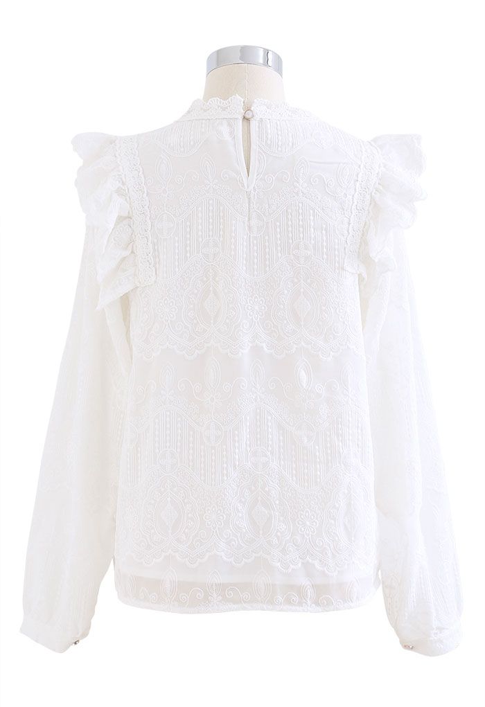 Embroidery Bubble Sleeve Ruffle Chiffon Top in White