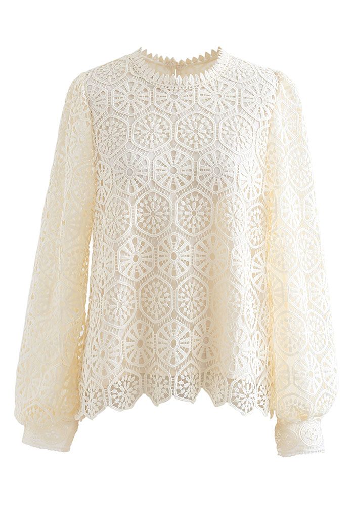 Geometric Crochet Mesh Sleeve Top in Cream