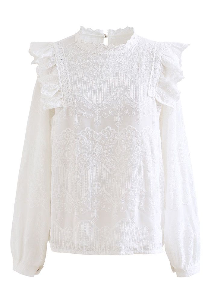 Embroidery Bubble Sleeve Ruffle Chiffon Top in White