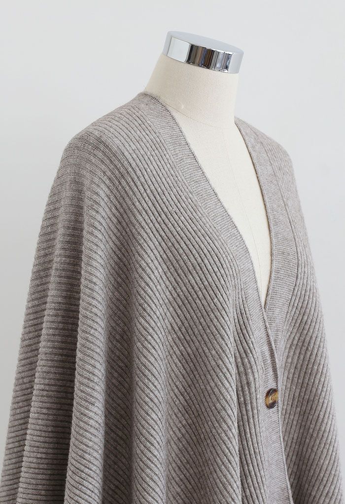 Buttoned Rib Knit Poncho Cape in Taupe