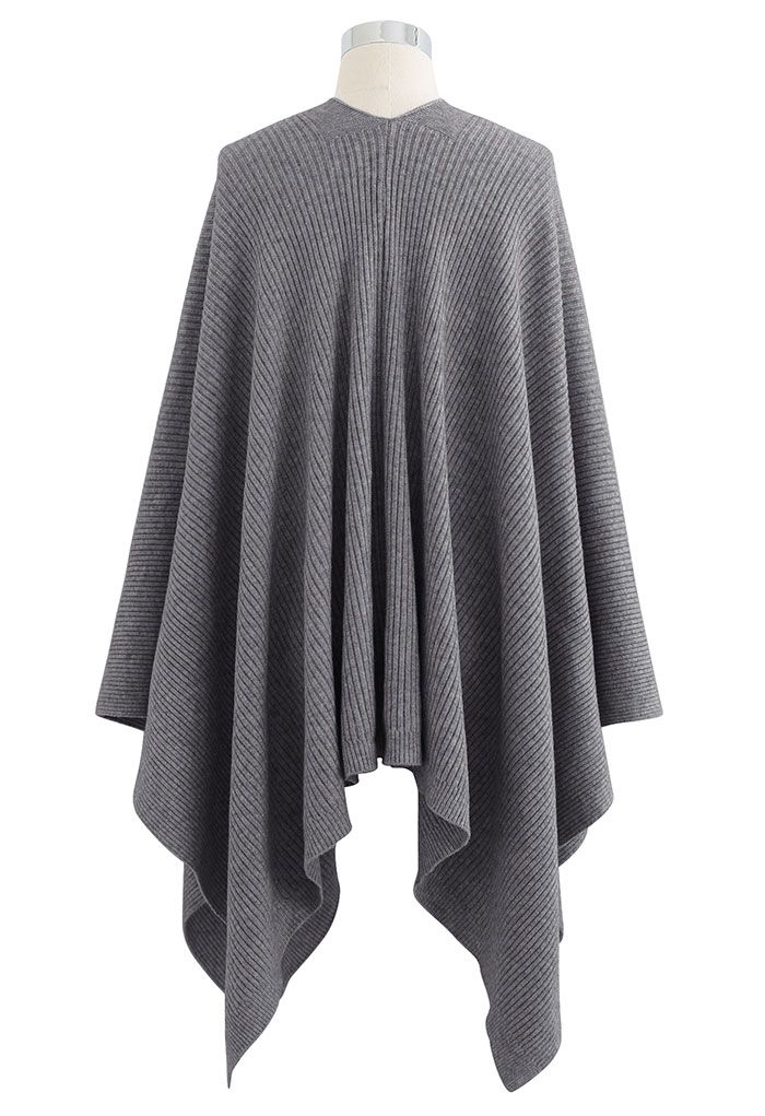 Buttoned Rib Knit Poncho Cape in Grey