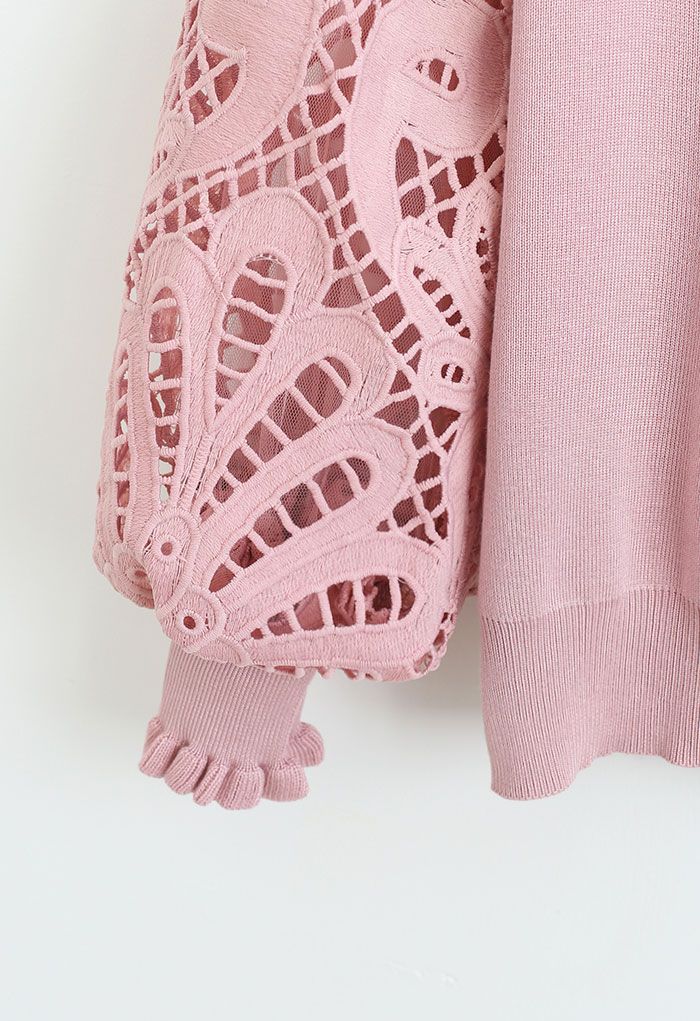 Baroque Crochet Sleeve Knit Top in Pink