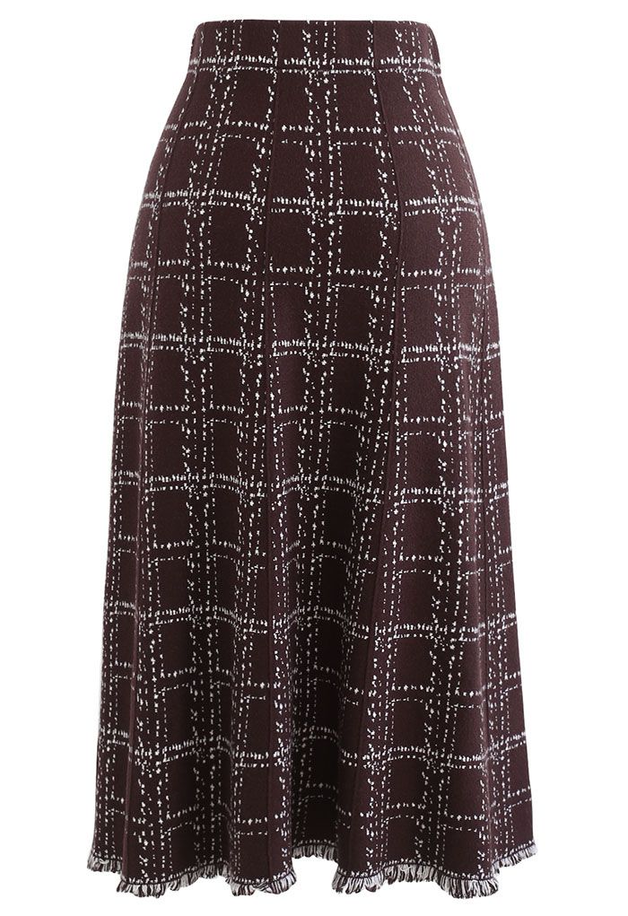 Grid Fringe Hem Knit Skirt in Brown