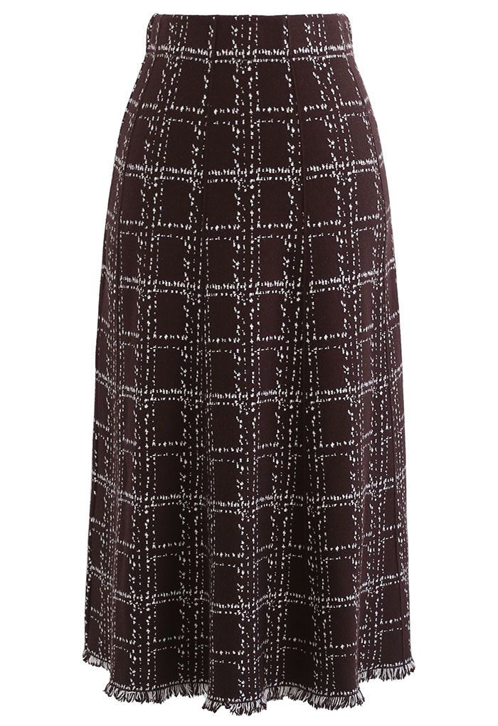Grid Fringe Hem Knit Skirt in Brown