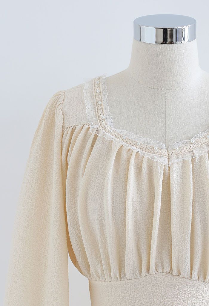 Pearly Neck Tie Back Embossed Crop Top in Cream