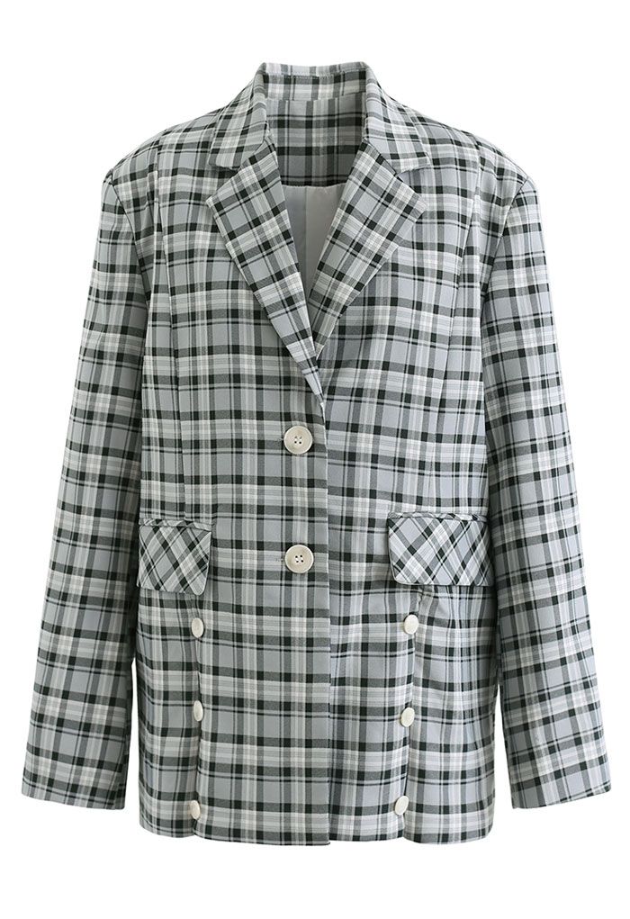 Plaid Single Breasted Buttoned Hem Blazer in Dark Green